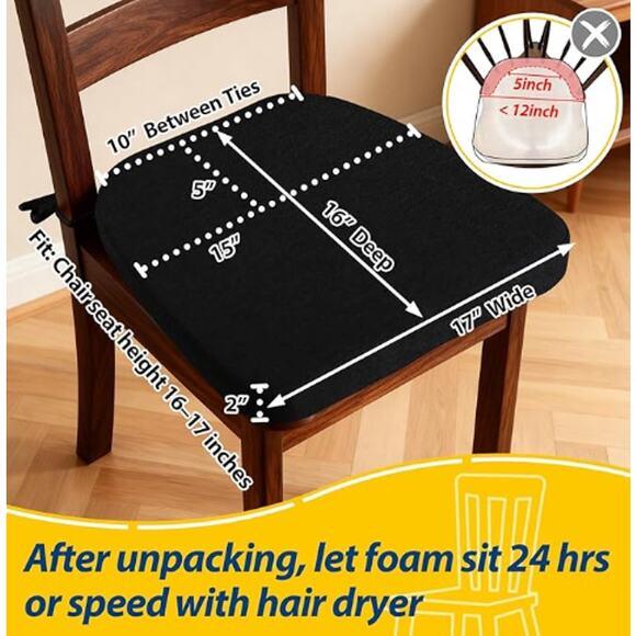 D-Shaped Chair Cushions, Thick Dining Chair Pads with Ties and Removable, Black - Picture 2 of 5